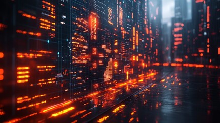 Fototapeta premium A vibrant holographic interface displays real-time data analysis amid a modern cityscape, illuminated by neon lights and reflections.