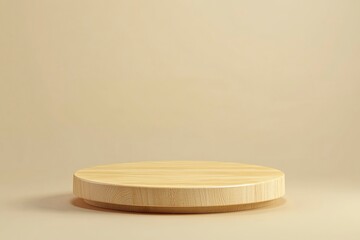 Round wooden podium on beige background for product presentation. Front view. Copy space. Generative Ai