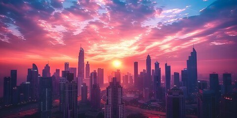 Fototapeta premium Vibrant sunset skyline with silhouetted skyscrapers and colorful sky over the city