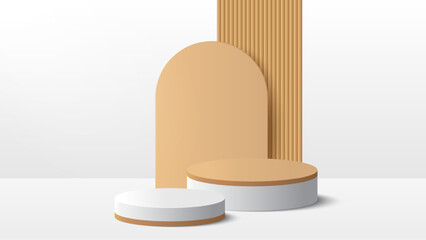 Beige podium platform to show product on white background. White minimal scene for product display presentation. Vector illustration