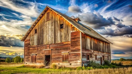 Obraz premium Rustic, sun-bleached wooden planks with cracked and faded paint reveal the distressed beauty of a vintage barn's weathered exterior, telling stories of time and the elements.