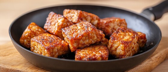 A detailed shot of tempeh being cooked in a pan, with a golden brown crust forming, emphasizing its probiotic benefits Probiotic-rich diet concept.