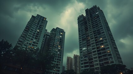 Obraz premium Dramatic Cloudy Skyline of Towering High Rise Buildings in the City