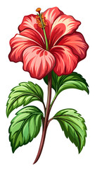 Fototapeta premium Vibrant Hibiscus Flower with Green Leaves Illustration - Illustrated image of a vibrant hibiscus flower with green leaves. Ideal for tropical themes, nature-inspired designs, and botanical projects.