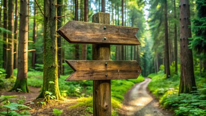 Rustic wooden direction post stands alone in a lush green forest, its weathered arrows pointing towards different trails, inviting exploration and adventure.