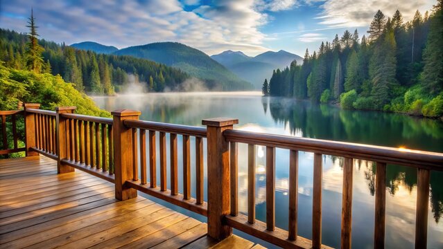 Rustic wooden deck railing with vertical posts and horizontal balusters, overlooking a serene lake surrounded by lush green forest with misty mountains in the background.