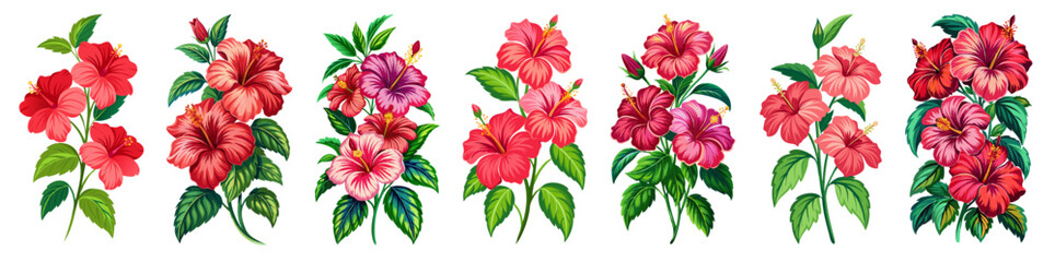 Vibrant Hibiscus Flower with Green Leaves Illustration - Illustrated image of a vibrant hibiscus flower with green leaves. Ideal for tropical themes, nature-inspired designs, and botanical projects.
