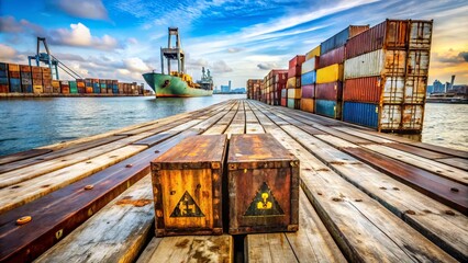 Rusty, worn cargo containers with hazard symbols and warning labels stacked on a weathered dock, awaiting transport by a freighter in the background.
