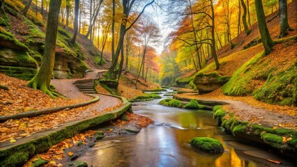 Scenic trail at Turkey Run State Park, Indiana, featuring a serene forest landscape with moss-covered trees, rolling hills, and a meandering stream in autumn.