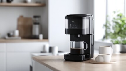 Modern Black Coffee Machine with Cup on a Wooden Counter