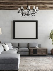 Mockup frame showcased in a modern farmhouse inspired living room setting featuring a grey linen sectional reclaimed wood media console textured area rug and chandelier lighting for a cozy