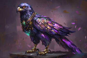 A majestic purple bird adorned with colorful gems, exuding fantasy and elegance in a magical setting.