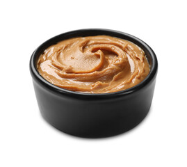 Tasty peanut butter in bowl isolated on white