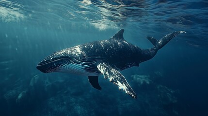 A majestic whale swimming gracefully underwater in a serene ocean environment.