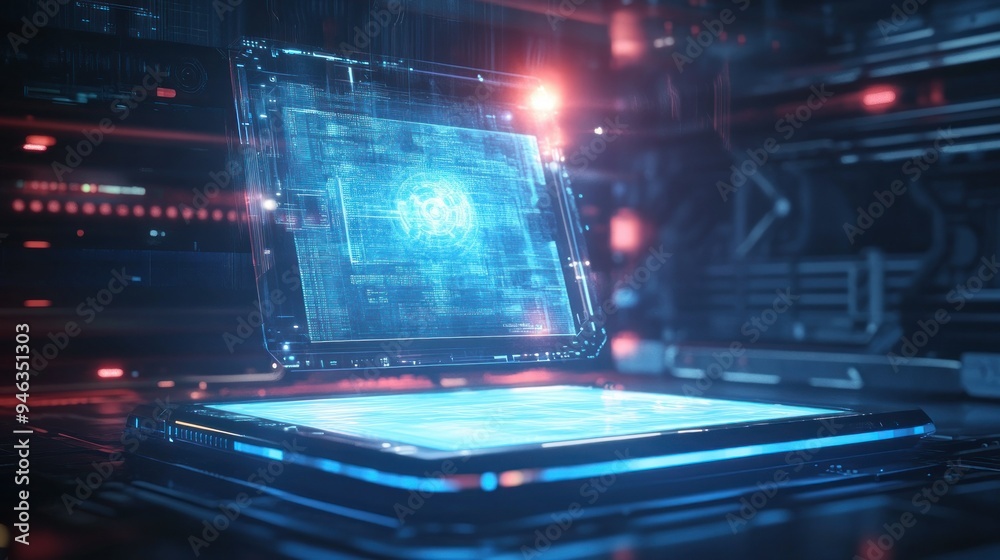 Poster futuristic holographic interface with glowing display