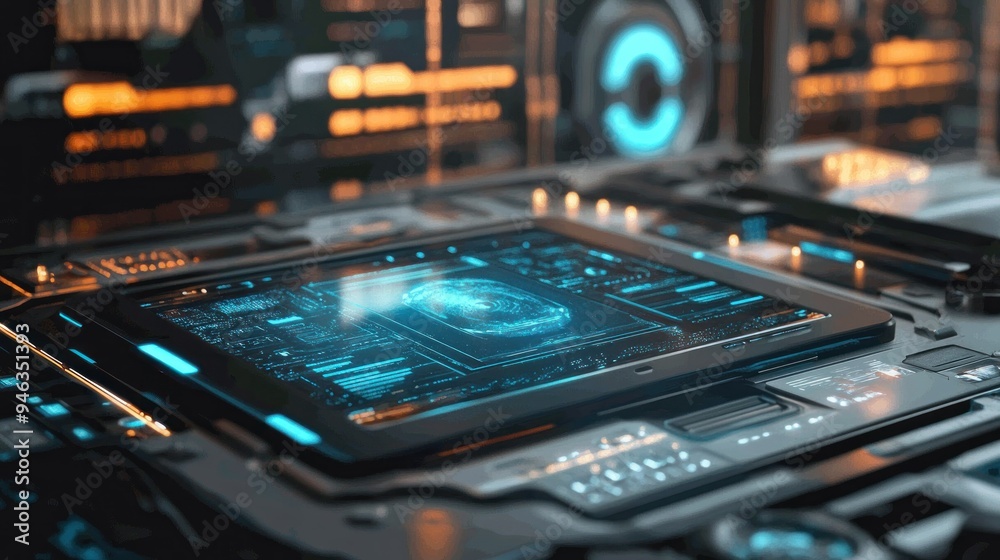 Aufkleber Futuristic Interface with a Glowing Blue Scan Pattern