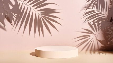Fototapeta premium Beige pastel background for product presentation with shadow tropical palm leaves and light Podium stage pedestal platform for cosmetic product Empty square podium Mockup Generative AI