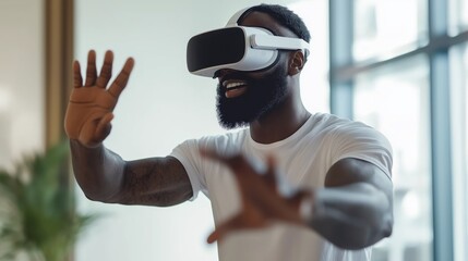 Biracial man using virtual reality headset for rehabilitation