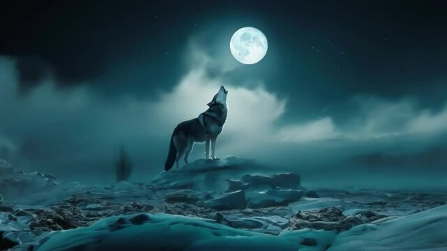 the wolf howls at night at the moon on the rock