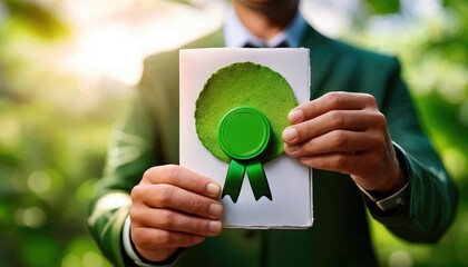 Businessman Holding a Green Sustainability Certificate, Symbolizing Environmental Responsibility and Eco-Friendly Business Practices