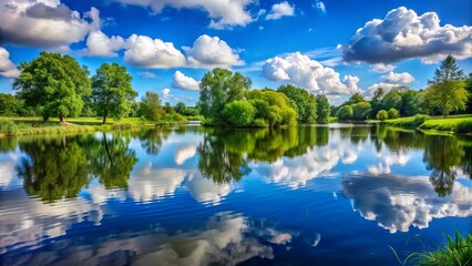 Fototapeta premium Serene landscape of a tranquil lake reflecting a brilliant blue sky with fluffy white clouds, surrounded by lush green trees in a peaceful park setting.