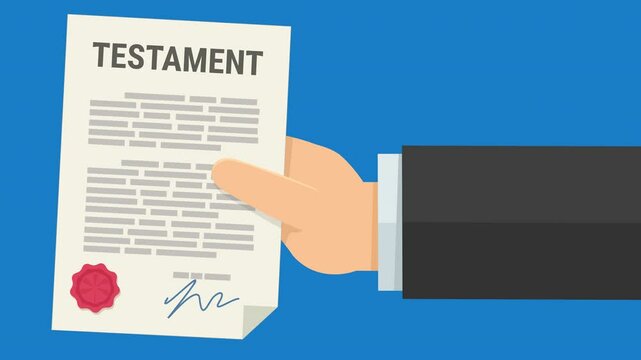 A hand presents a testament from the right on blue background (flat design)