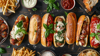 Italian meatball subs with marinara, melted mozzarella, and fresh basil on toasted hoagie rolls
