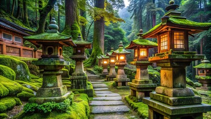 Obraz premium Serenene Kumano Nachi Taisha shrine surrounded by lush greenery and moss-covered stone lanterns in Wakayama, Japan, radiates tranquility and ancient mystique.