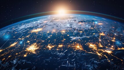 Fototapeta premium Sunrise Over Earth with City Lights.