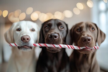 Three dogs adorably share a candy cane, creating a festive scene set against a backdrop of blurred holiday lights, exuding joy and companionship.