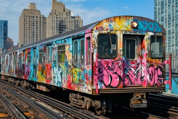 Naklejka premium Vibrant Graffiti Subway Train in Urban Setting