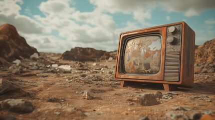 Old broken TV on rocky ground with blue sky and clouds in the background.