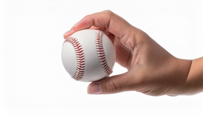 hand holding a baseball isolated on white background.