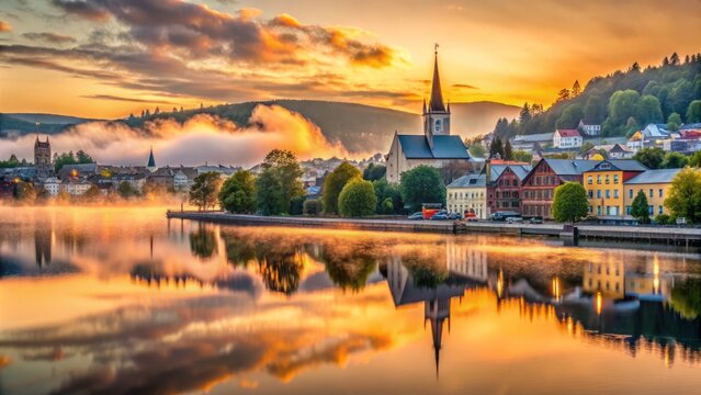 Serene sunrise over the riverbanks of Drammen, Norway, with misty fog rolling in, reflecting the warm tones of the historic buildings and cityscape.