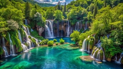 Naklejka premium Serene turquoise waterfalls cascade into lush green pools amidst ancient forest and limestone cliffs in Croatia's breathtaking Plitvice Lakes National Park natural wonder.