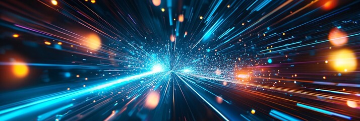 Fototapeta premium Sweeping streams of blue and orange light converge towards a bright central focal point. Abstract background.