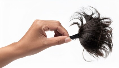 hand holding accessories of a forelock wigs isolated on a white background