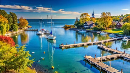 Serene waterfront landscape in a charming small town on Lake Michigan, featuring sailboats, scenic pier, and vibrant summer foliage under a clear blue sky.