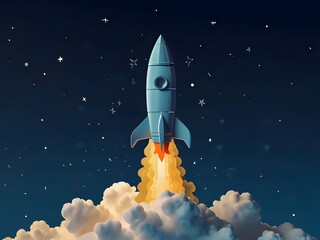 Naklejka premium Papercut animation of rocket on a blue background with stars and clouds
