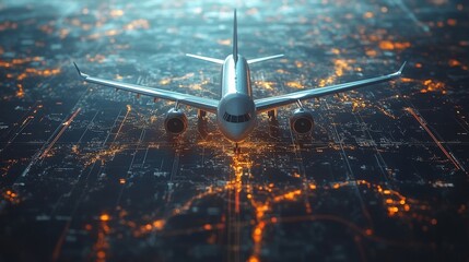 The holographic map displays intricate global flight paths illuminated by city lights, emphasizing air travel routes across the world.