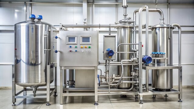 Shiny stainless steel milk pasteurizer machine with digital display and pipes, used in dairy processing to eliminate bacteria and extend shelf life safely.