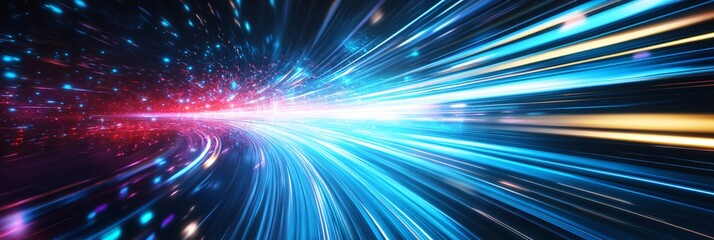 Obraz premium A visually dynamic illustration of a digital tunnel with fast-moving lights and binary code, suggesting advanced technology and data transfer. 
