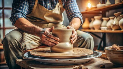 Skilled hands carefully shape and mold wet clay, creating a beautiful ceramic piece on a spinning pottery wheel in a well-lit studio setting.