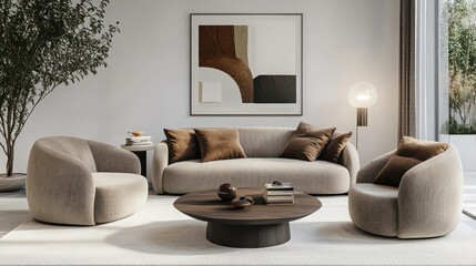 Modern Living Room with Beige Sofa, Armchairs, and Coffee Table