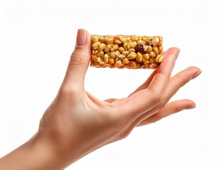 hand holding Munchies health Cereal candy bar isolated on white background.