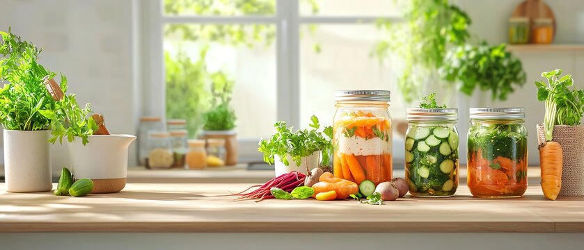 A kitchen scene with jars of fermenting vegetables, including carrots, beets, and cucumbers, with a warm, inviting atmosphere Probiotic-rich diet concept.