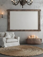 Mockup Frame Staged in a Cozy Farmhouse Style Living Room with Reclaimed Wood Woven Rug Overstuffed Armchair Vintage Chandelier and Warm Candlelight Accents