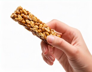 hand holding Munchies health Cereal candy bar isolated on white background.