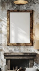 Mockup frame surrounded by a rustic farmhouse living room interior with textured plaster walls a cozy fireplace and natural light creating a warm and inviting ambiance
