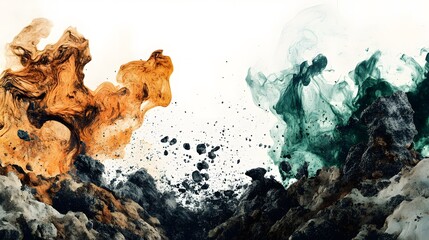 Fototapeta premium Abstract artwork depicting various multicolored rocks and geodes with smoke, against a white background. The color palette includes black, brown, green, orange, blue, and yellow, in a hyper-realistic 